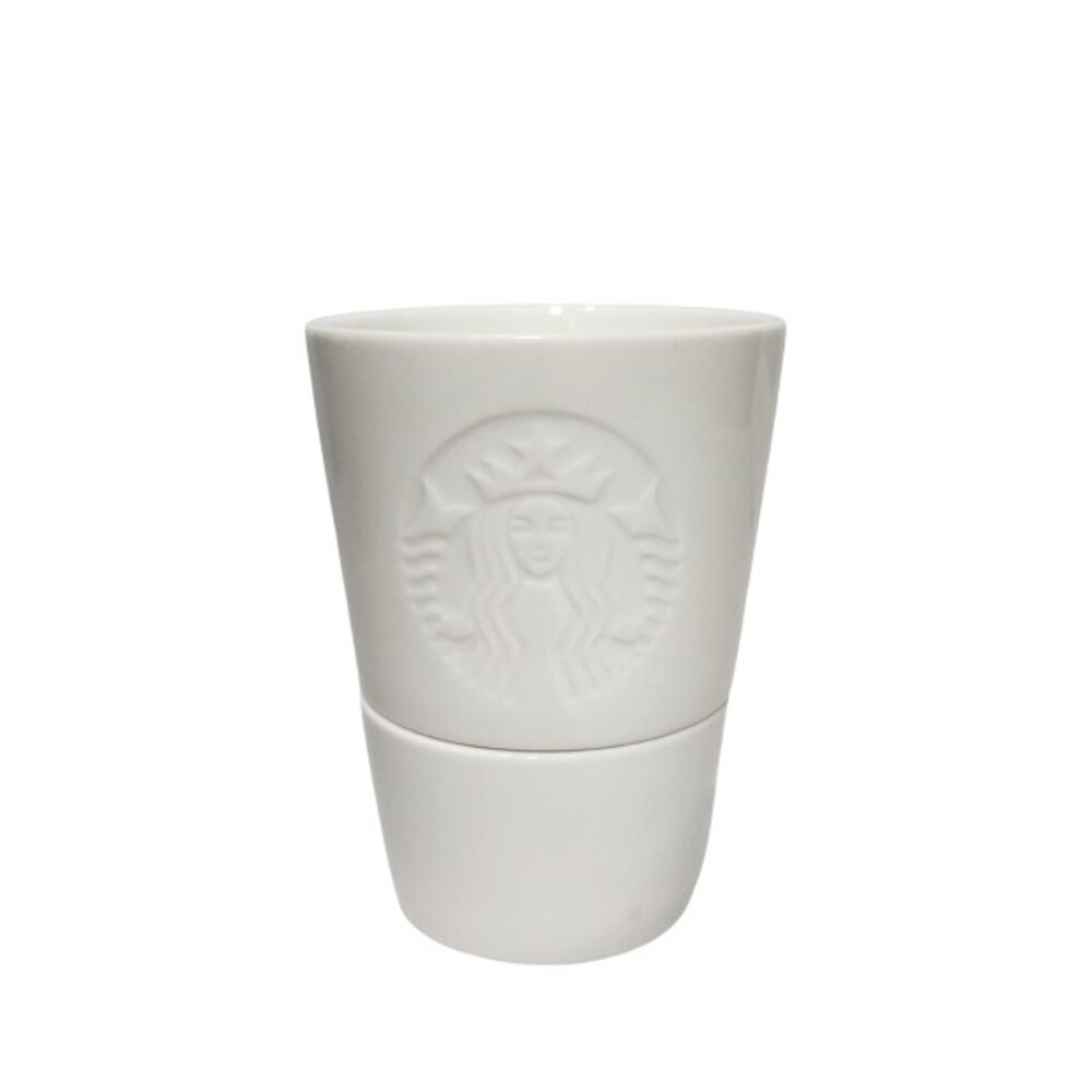 2012 Starbucks Two Ceramic Stackable Measuring Cups White Embossed Mermaid Logo